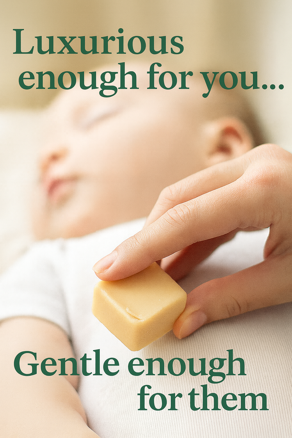 Hand holding a fragrance free shea butter lotion bars for eczema and dry skin relief near a baby with text about product luxury and gentleness.
