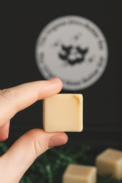 Hand holding a fragrance free shea butter lotion bars for eczema and dry skin relief 