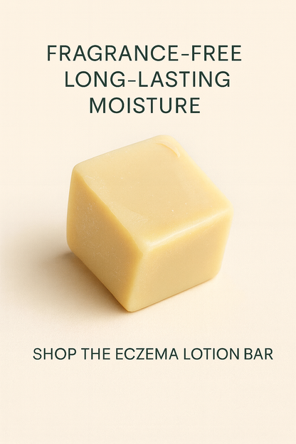 Eczema lotion bar on a beige background with text about fragrance-free long-lasting moisture.